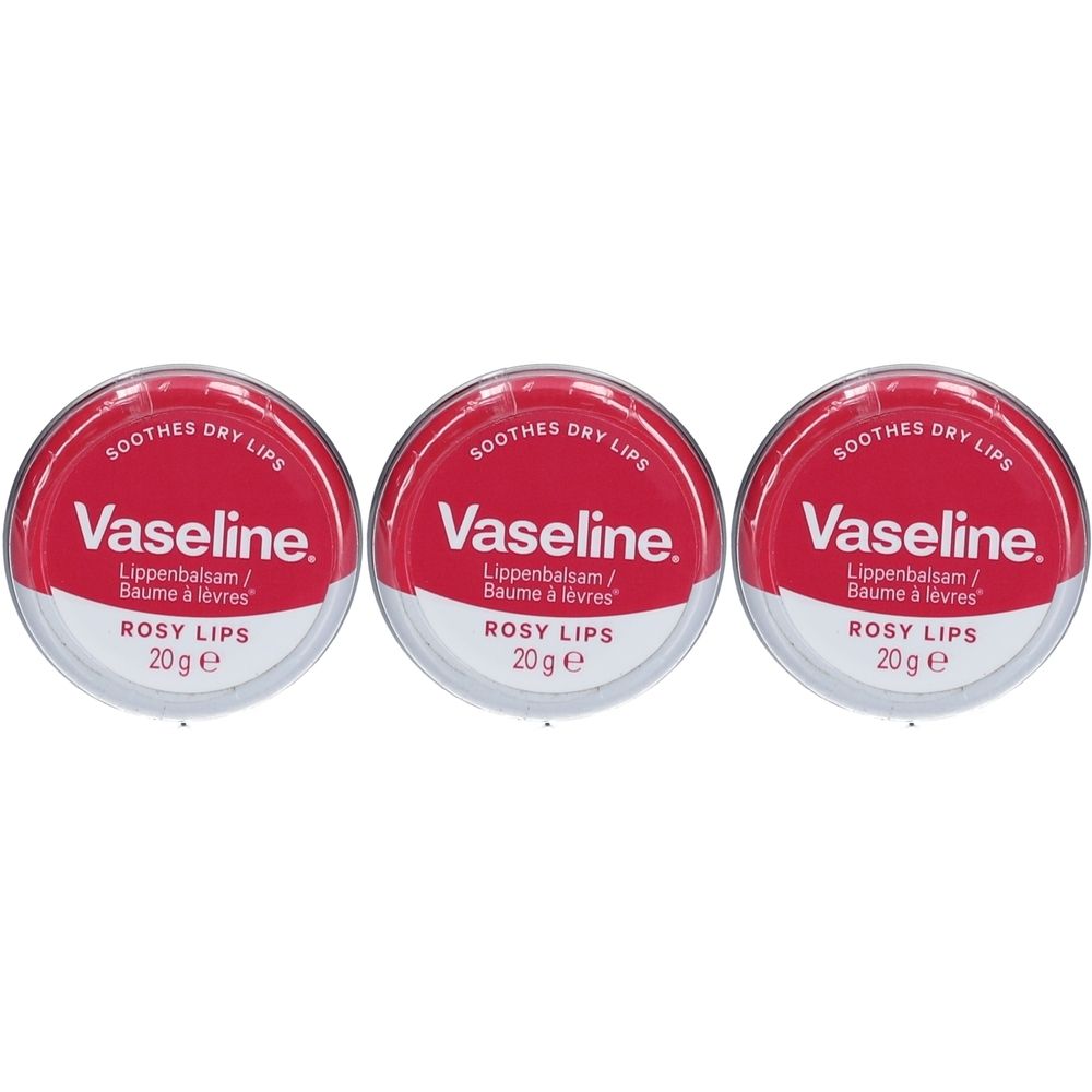 Drei runde Lip Therapy Lip Balm Dosen. Roter Deckel mit weißem Rand. Aufschrift: Vaseline, Rosy Lips, 20 g.