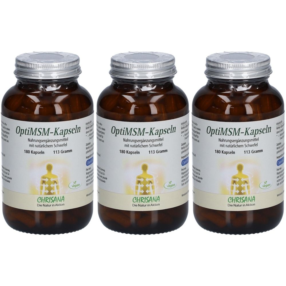 Trois flacons en verre brun avec des couvercles argentés. Étiquettes : OptiMSM-Kapseln, 180 capsules, 113 grammes et Chrisana.