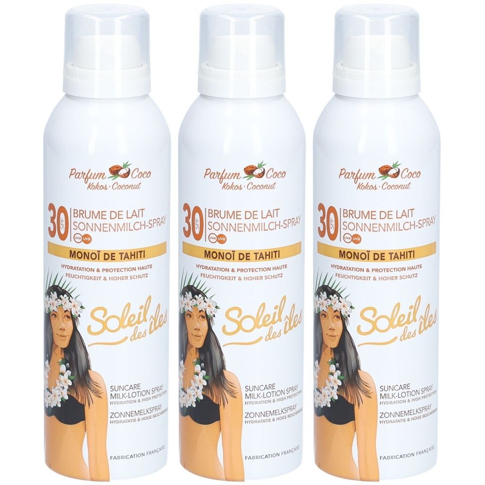 Trois flacons de lait solaire blanc. Inscription: Soleil des Îles, SPF 30, Monoï de Tahiti. Image d'une femme.