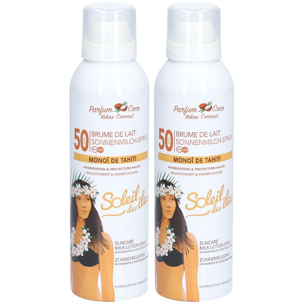 Zwei weiße Sprühflaschen. Aufschrift: Soleil des Îles, SPF 50, Monoi de Tahiti. Abbildung einer Frau mit Blumenkranz.