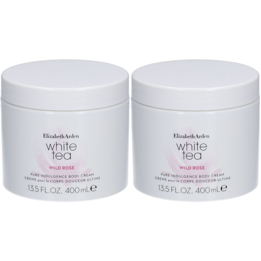 Deux pots blancs avec couvercles. Inscription: Elizabeth Arden White Tea Wild Rose Pure Indulgence Body Cream. 13.5 FL.OZ. 400mlE.
