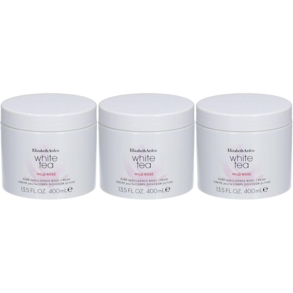 Trois pots blancs avec couvercles. Inscription: Elizabeth Arden White Tea Wild Rose Pure Indulgence Body Cream. 13.5 FL. OZ. 400ml e.