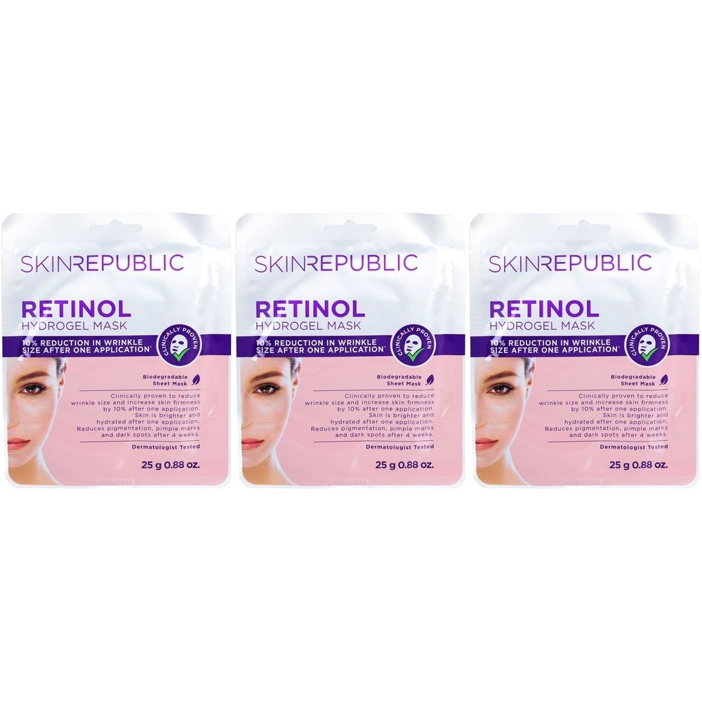 Trois sachets de masques pour le visage. Chaque sachet porte la mention "SKIN REPUBLIC RETINOL HYDROGEL MASK". Les masques sont emballés en 25 g.