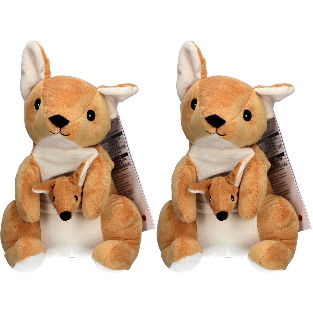 Zwei Stofftiere, Kängurus mit Baby im Beutel. Beige und braun. Mit Ohren und Augen. Etikett am Rücken.
