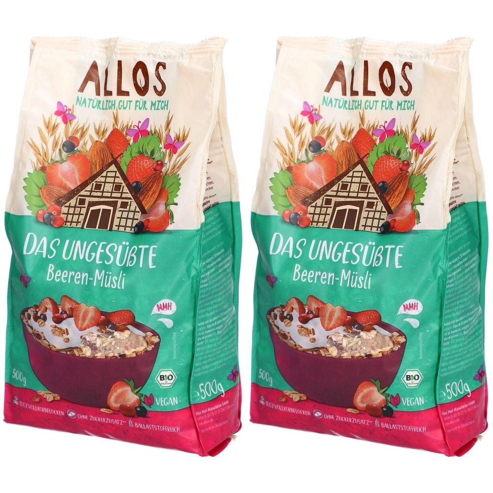 Zwei Beutel Allos Beeren-Müsli. Aufschrift: Das ungesüßte Beeren-Müsli. Mit Illustrationen von Früchten und Getreide. Bio- und Vegan-Siegel.