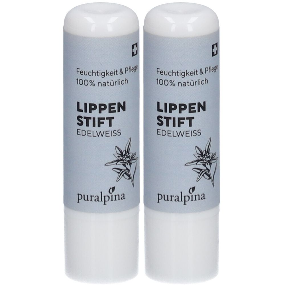 Zwei Lippenstifte mit weißer Kappe. Aufschrift: Lippenstift Edelweiss, 100% natürlich, puralpina. Schweizer Kreuz.