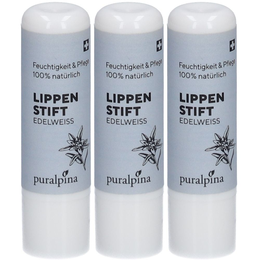 Drei Lippenstifte mit weißer Hülle. Aufschrift: Lippenstift Edelweiss, 100% natürlich, Feuchtigkeit & Pflege. Marke: puralpina.