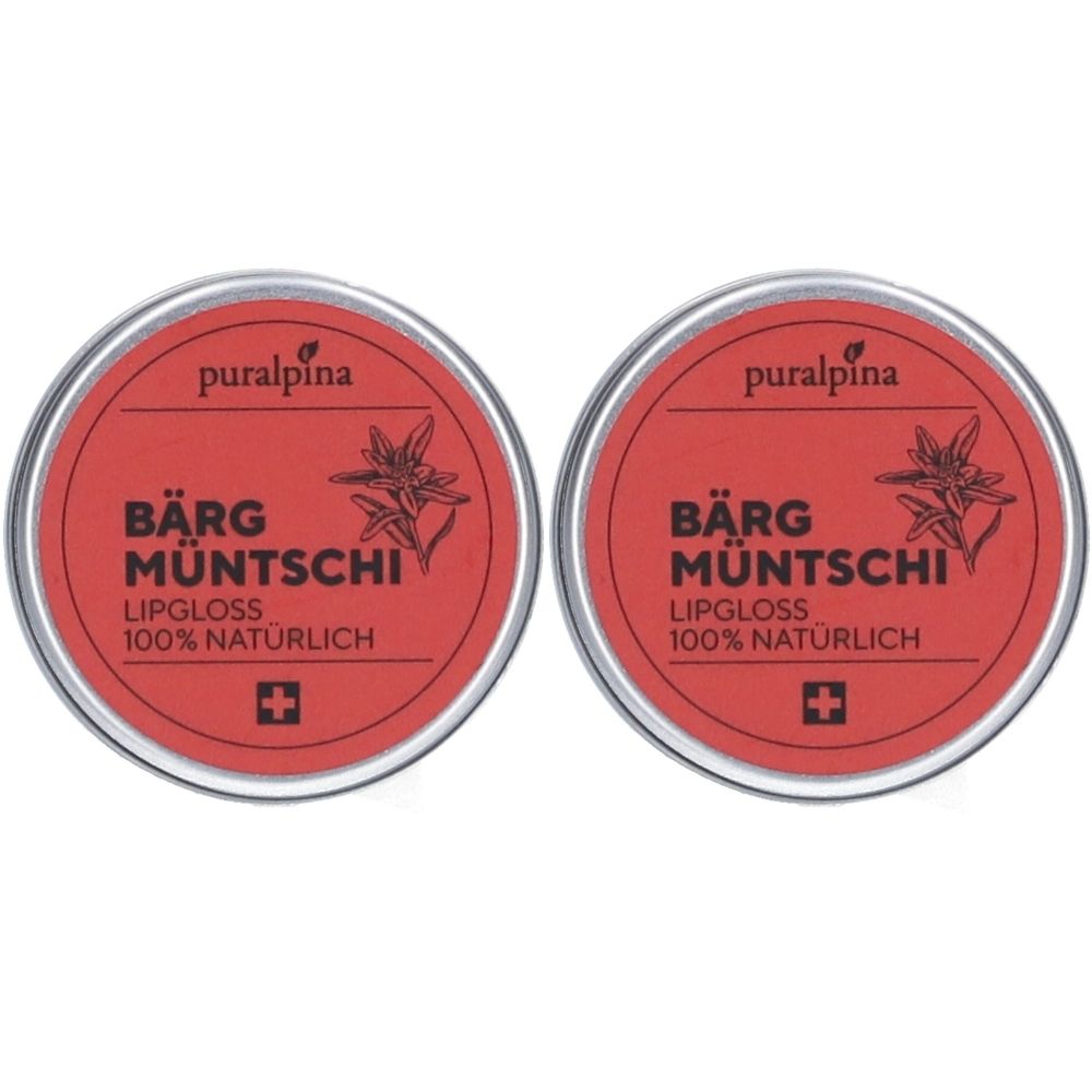 Zwei runde Behälter mit rotem Etikett. Aufschrift: BÄRG MÜNTSCHI LIPGLOSS 100% NATÜRLICH. Schweizer Kreuz.