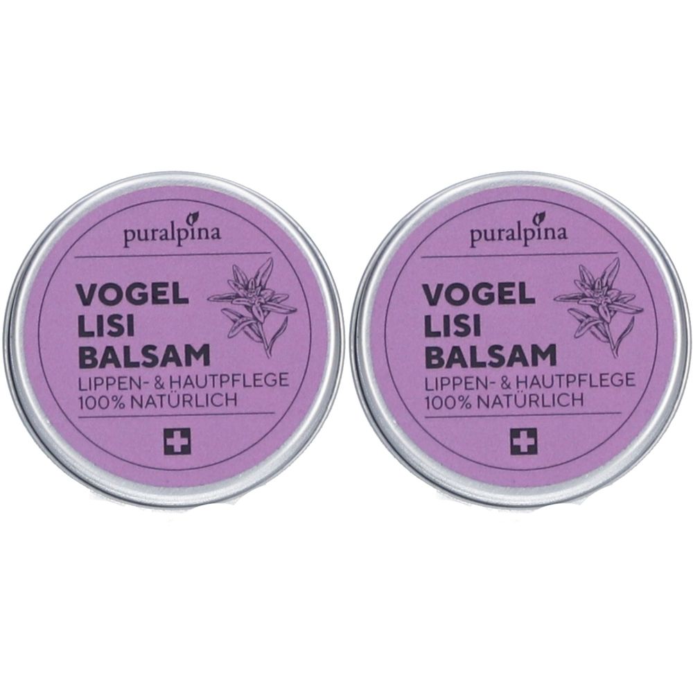 Zwei runde Dosen mit lila Deckel. Aufschrift: Vogel Lisi Balsam, Lippen- & Hautpflege, 100% natürlich. Marke: puralpina. Schweizer Kreuz.