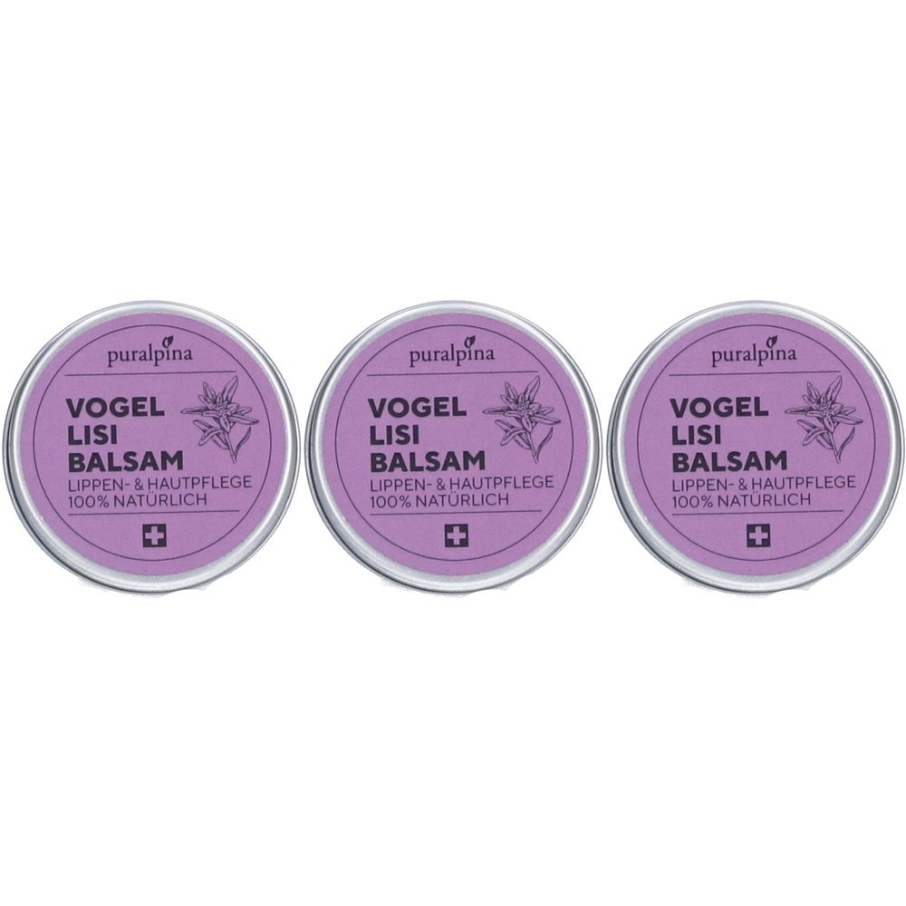Drei runde Dosen mit lila Etiketten. Aufschrift: Vogel Lisi Balsam, Lippen- & Hautpflege, 100% natürlich. Schweizer Kreuz.