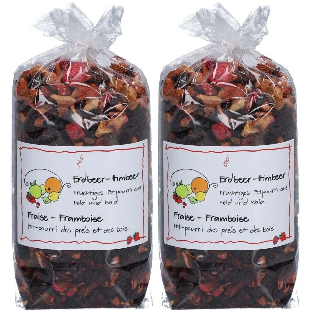 Deux sachets de thé aux fruits Fraise-Framboise. Emballage transparent avec étiquette. Inscription : Erdbeer-Himbeer, Fraise-Framboise.
