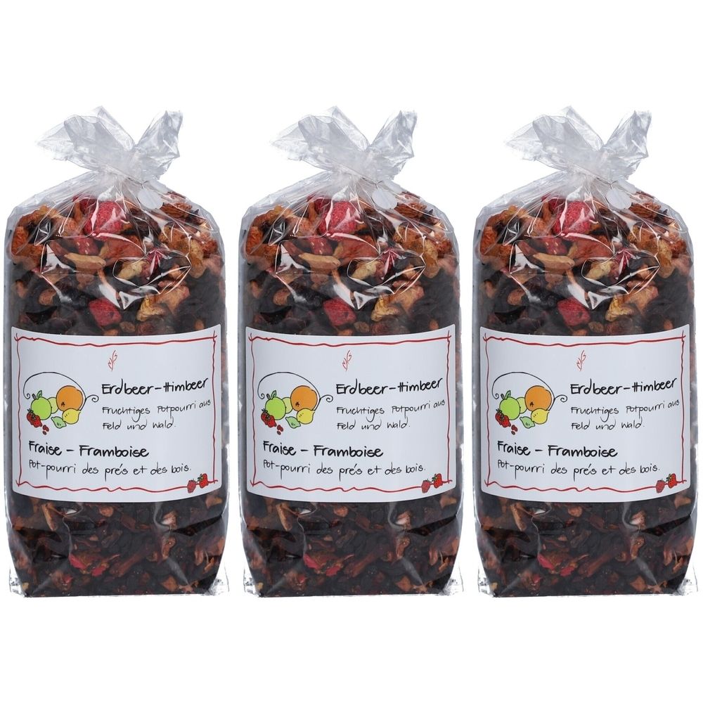 Trois sachets de thé aux fruits avec étiquettes. Inscription : Erdbeer-Himbeer, Fraise-Framboise. Emballage transparent.