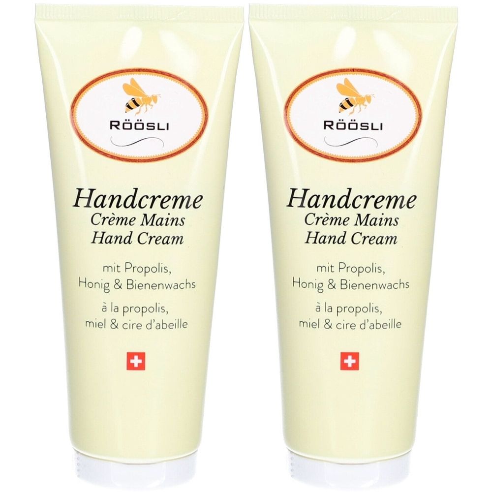 Zwei Tuben Handcreme. Aufschrift: RÖÖSLI, Handcreme, mit Propolis, Honig & Bienenwachs. Schweizer Kreuz.