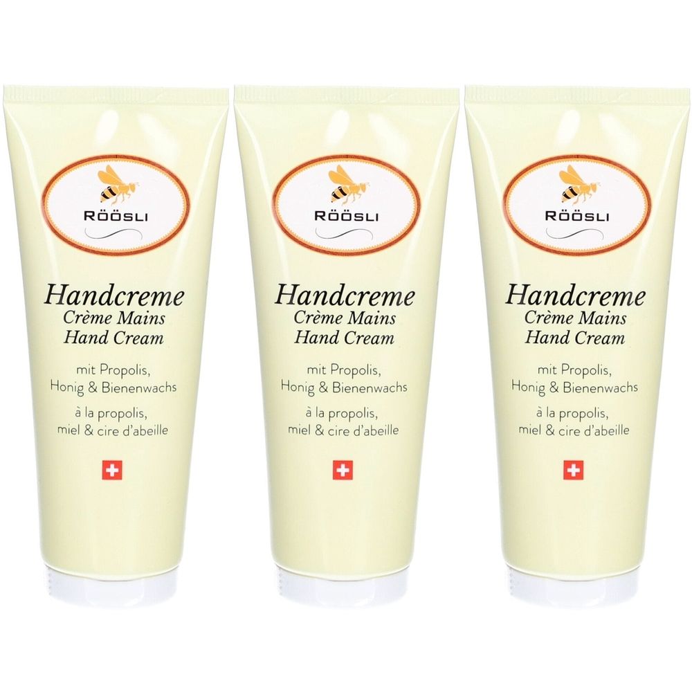 Drei Tuben Handcreme. Auf jeder Tube steht "Handcreme" und "RÖÖSLI". Schweizer Kreuz unten.