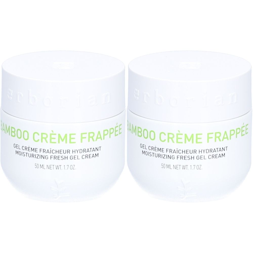 Deux pots blancs avec couvercles. Inscription: Bamboo Crème Frappée, Gel Crème Fraîcheur Hydratant, Moisturizing Fresh Gel Cream. 50 ml.