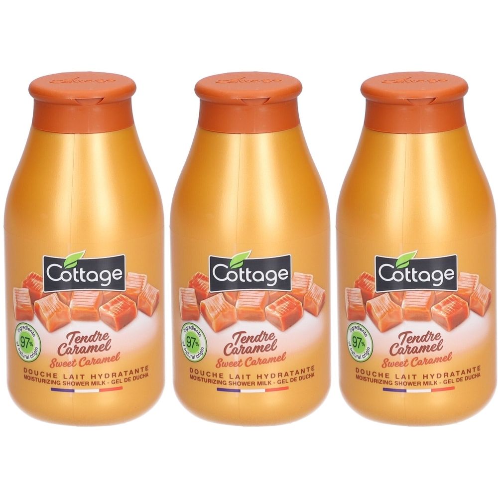 Trois bouteilles de lait de douche. Bouteilles dorées avec bouchons marron. Inscription : Cottage, Tendre Caramel, Sweet Caramel, 97%.