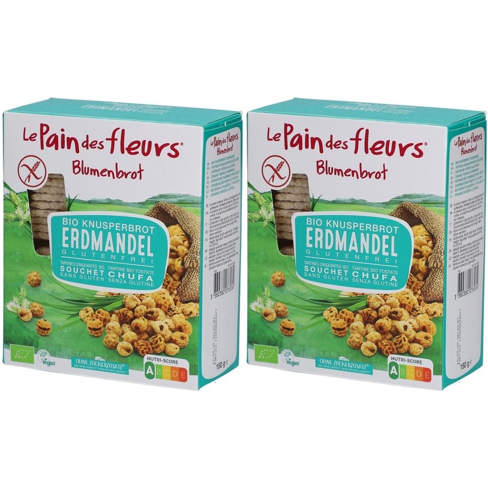 Zwei Packungen "Le Pain des Fleurs Blumenbrot" mit Erdmandeln. Aufdrucke: glutenfrei, Bio, vegan. Grün-weißes Design mit Produktabbildung.