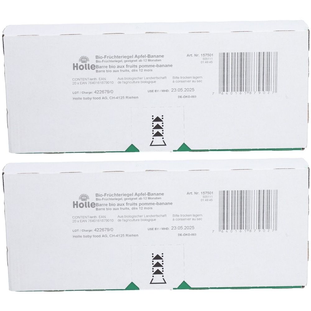 Zwei Kartons Holle Bio-Fruchtriegel Apfel-Banane. Aufschrift: Bio-Fruchtriegel, Barrette bio aux fruits, Mindesthaltbarkeitsdatum 23.05.2025.
