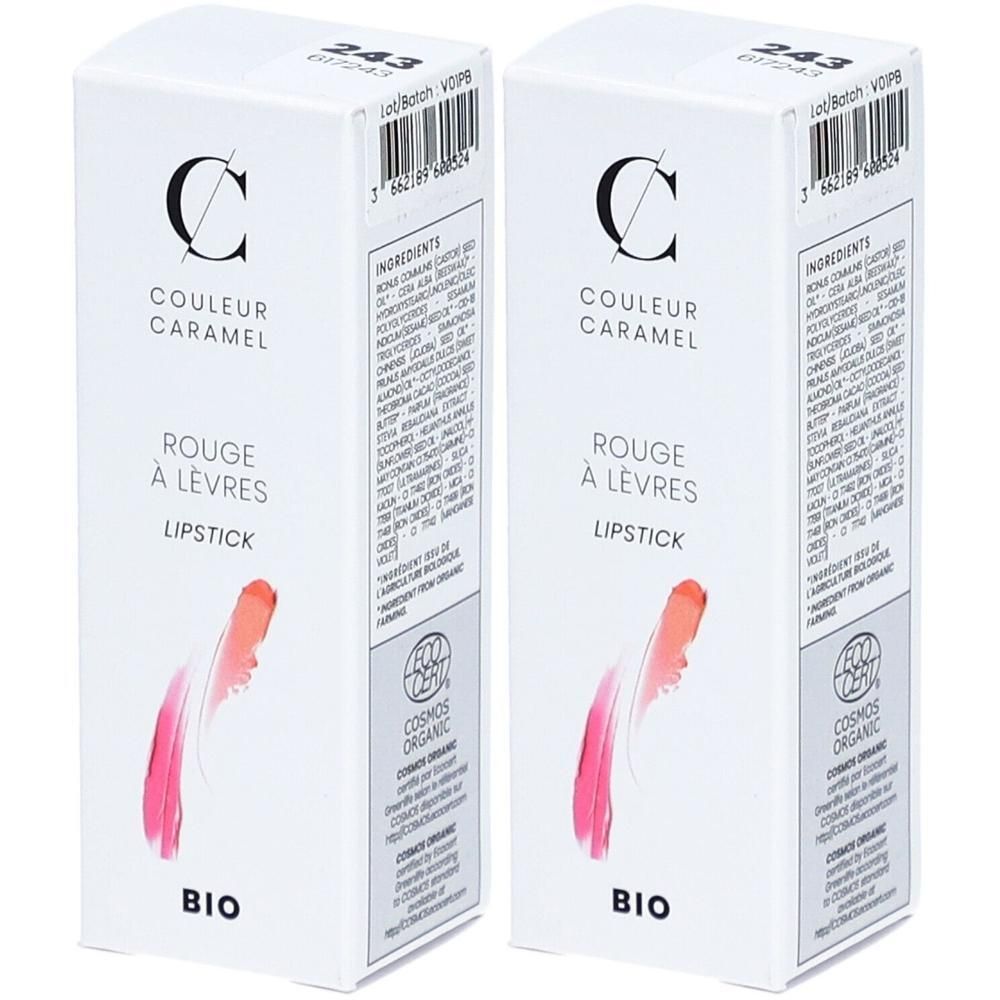 Deux boîtes "Couleur Caramel Rouge à Lèvres Lipstick BIO". Montre des échantillons de rouge à lèvres dans des tons rose et rouge.