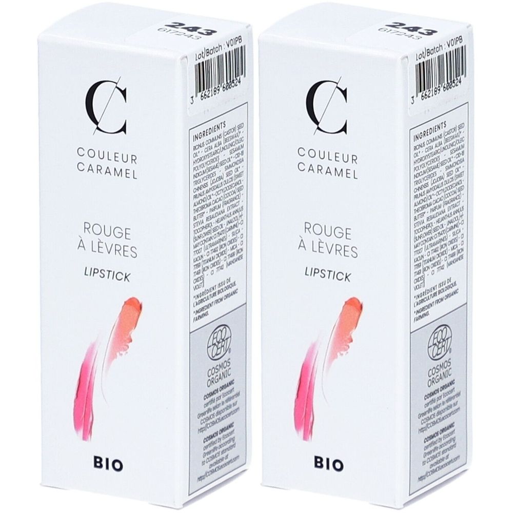 Zwei weiße Kartons mit "COULEUR CARAMEL" und "ROUGE À LÈVRES LIPSTICK" Aufdruck. Mit "BIO" und COSMOS ORGANIC Zertifizierung.