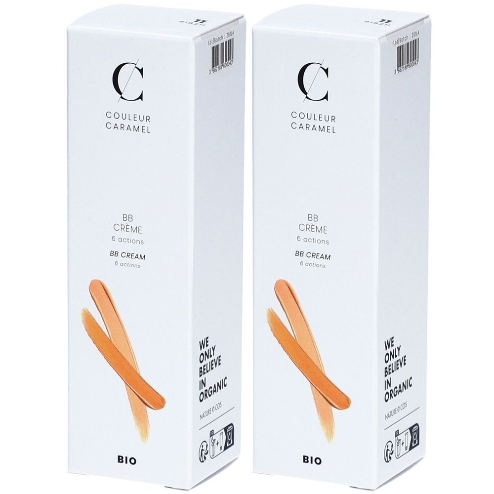 Deux boîtes blanches avec impression du produit. Inscription : COULEUR CARAMEL BB Crème 6 actions. Label bio.