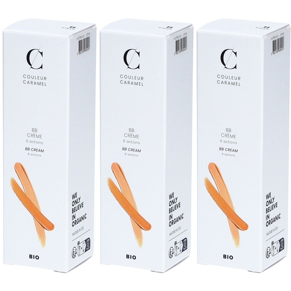 Trois boîtes blanches avec impression du produit. Inscription : COULEUR CARAMEL, BB Crème, 6 actions, BIO. Illustration de deux traits crème.