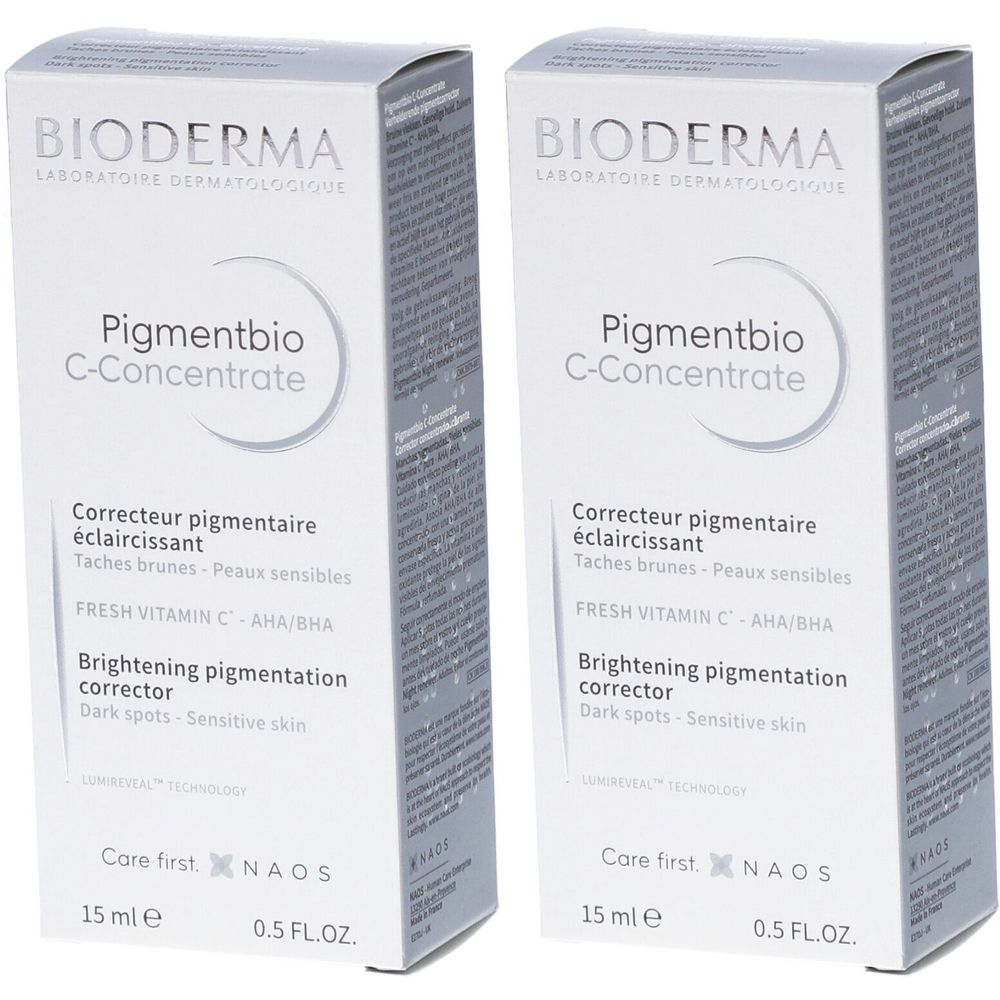 Deux boîtes de Bioderma Pigmentbio C-Concentrate. Emballage blanc avec nom et description du produit. 15 ml.