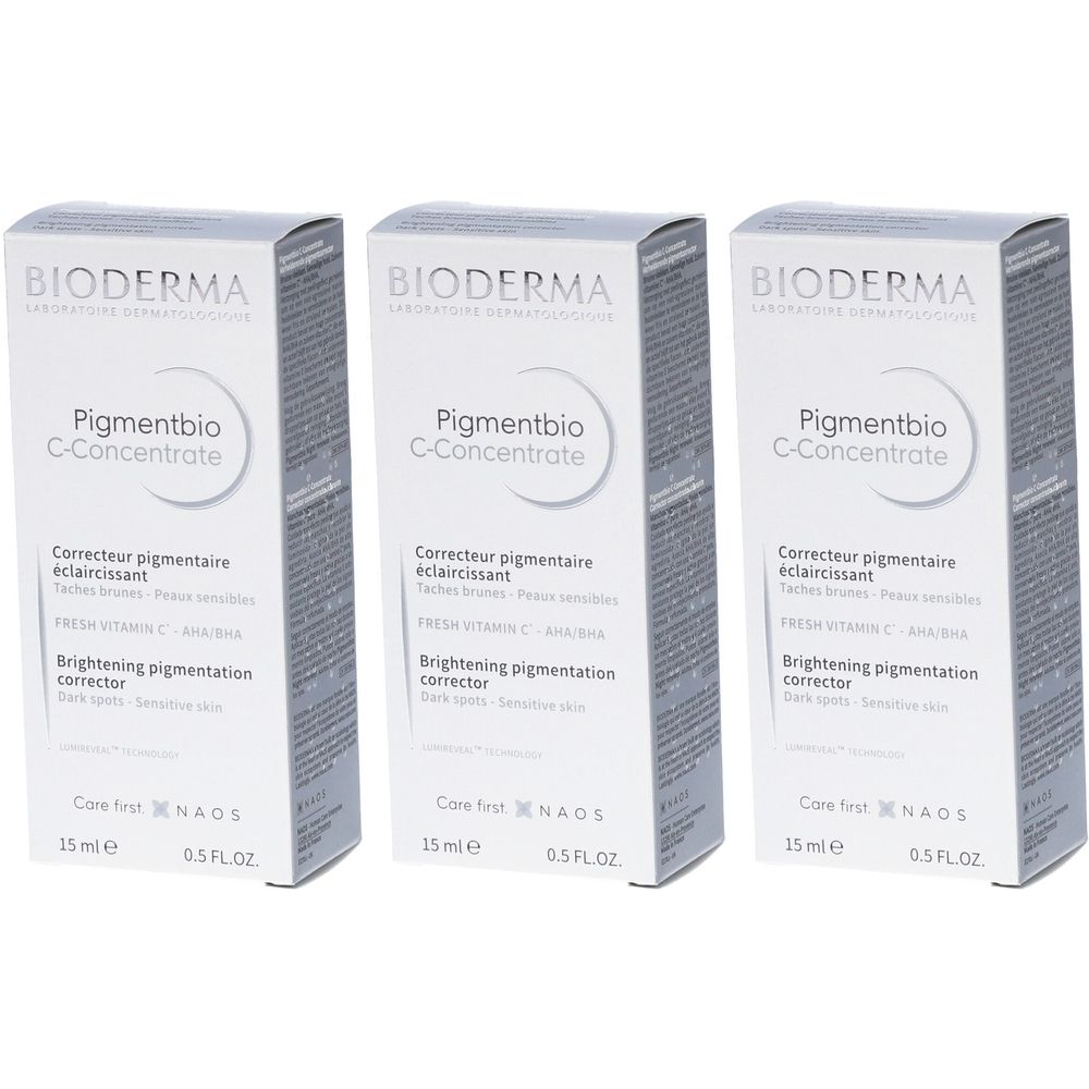 Trois boîtes Bioderma Pigmentbio C-Concentrate. Correcteur pigmentaire éclaircissant. 15 ml.