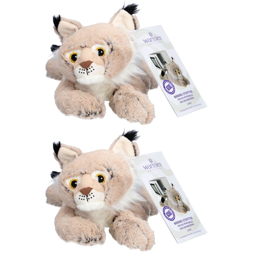 Zwei Kuscheltiere, Luchs-Design, grau. Mit Etikett. Marke Warmies.