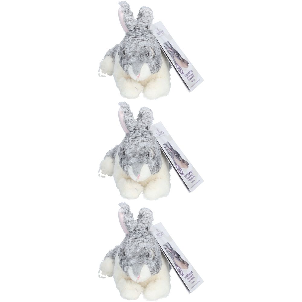 Grau-beiges Kuscheltier-Kaninchen. Weiches Material, stehende Position. Anhänger mit Produktinformationen.