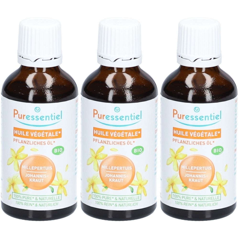 Drei braune Glasflaschen mit weißem Deckel. Auf den Etiketten steht "Puressentiel", "Huile Végétale", "Johanniskraut" und "Bio".