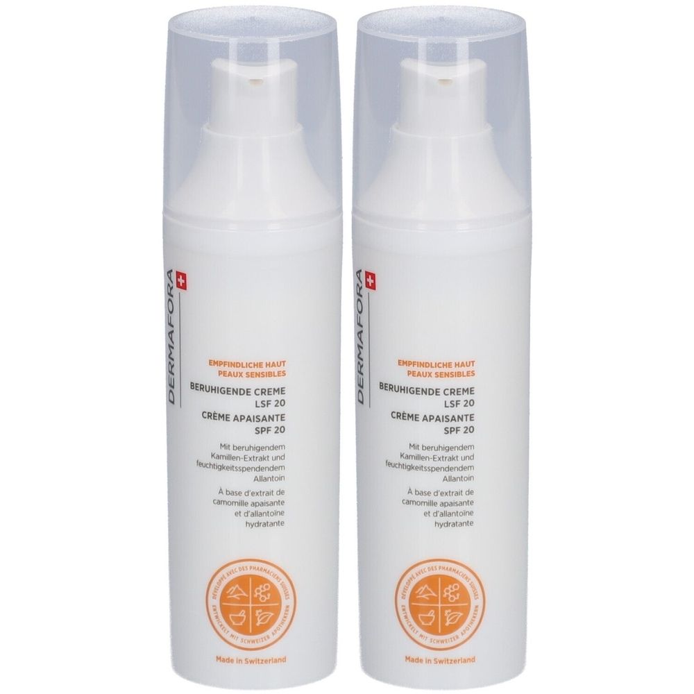 Zwei weiße Flaschen mit Pumpaufsatz. Aufschrift: DERMAFORA, Beruhigende Creme LSF 20, Creme Apaisante SPF 20. Mit Schweizer Kreuz.