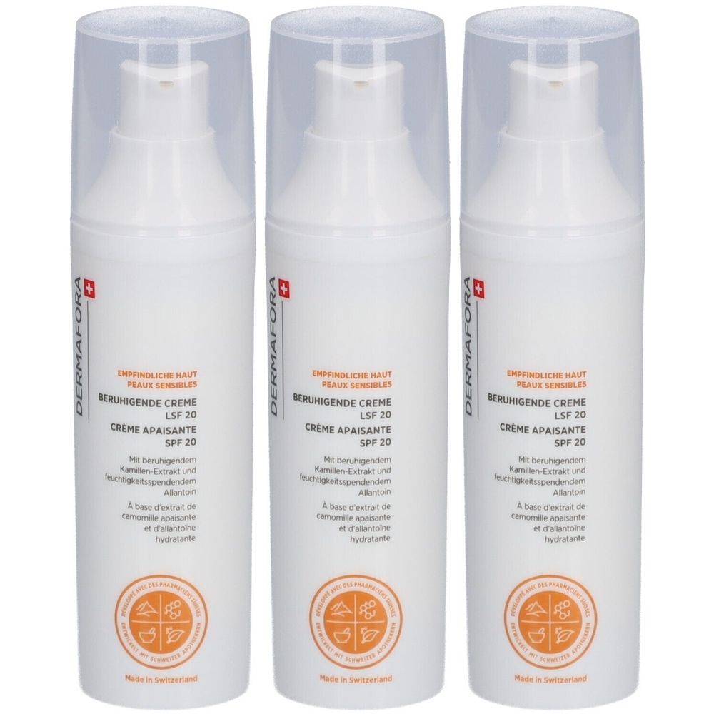 Drei weiße Flaschen mit Pumpverschluss. Aufschrift: DERMAFORA, Beruhigende Creme LSF 20, Creme Apaisante SPF 20. Mit Kamillen-Extrakt.
