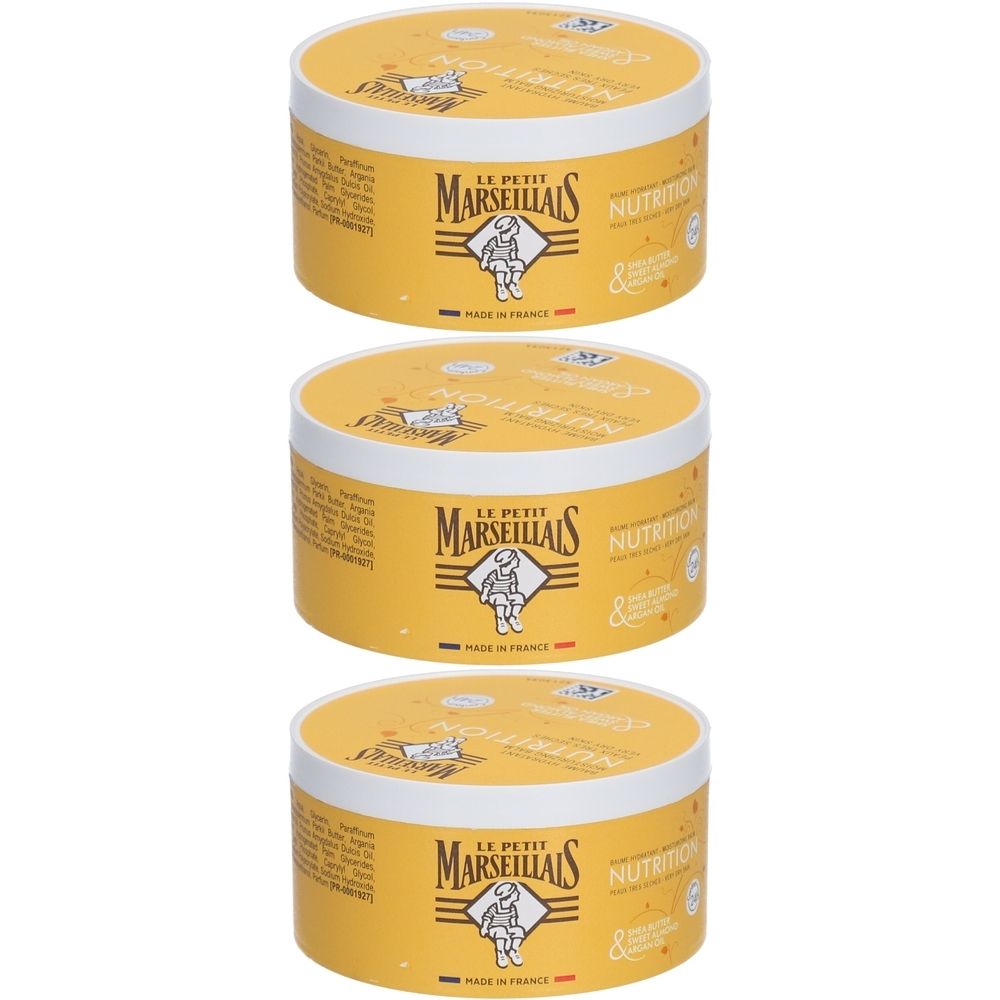 Drei gelbe Tiegel. Aufschrift: LE PETIT MARSEILLAIS, Logo, Nutrition. Deckel mit gelbem Hintergrund. Made in France.