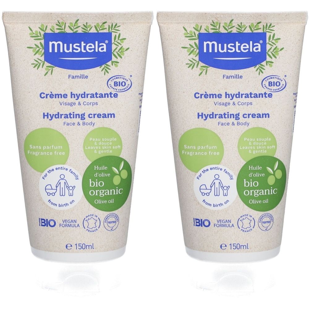 Deux tubes de crème hydratante Mustela Bio. Inscription : Crème hydratante, Hydrating cream, Bio, vegan, sans parfum. Avec huile d'olive.