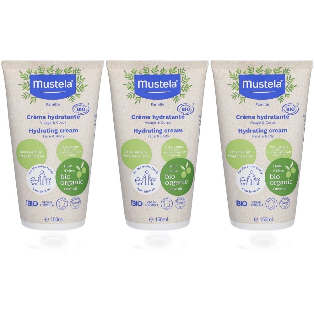 Trois tubes de crème hydratante Mustela. Inscription : Bio, organic, 150ml. Pour visage et corps. Vegan.