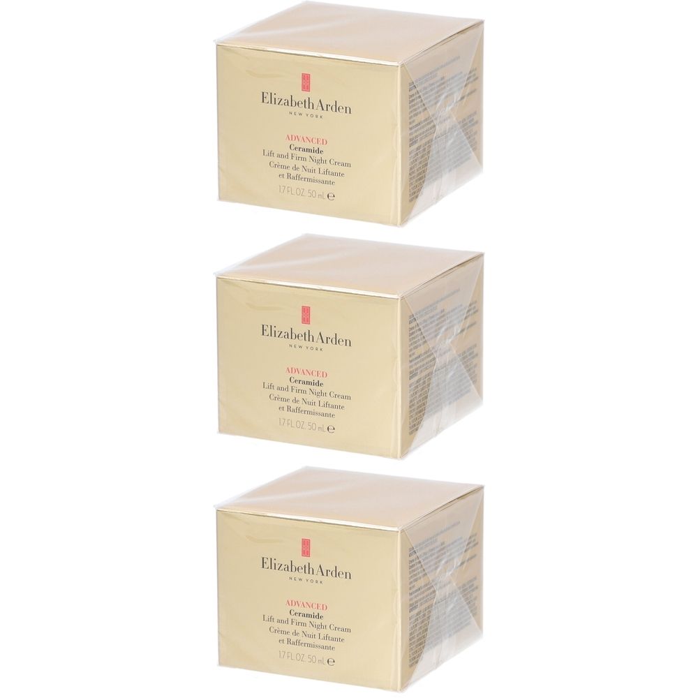 Drei quadratische Kartons mit Produktverpackung. Aufschrift: Elizabeth Arden, Advanced Ceramide Lift and Firm Night Cream.