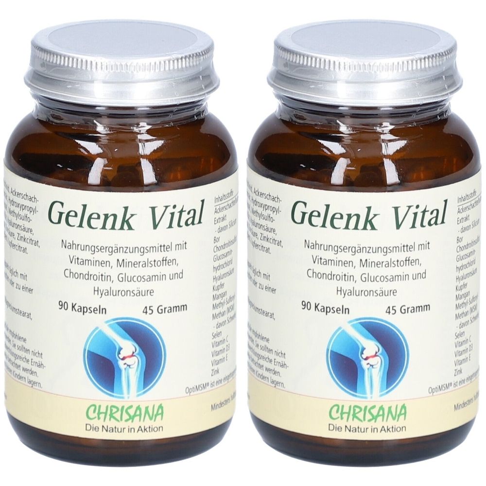 Zwei braune Glasflaschen mit silbernen Deckeln. Auf den Etiketten steht "Gelenk Vital" und "CHRISANA". Enthält 90 Kapseln.