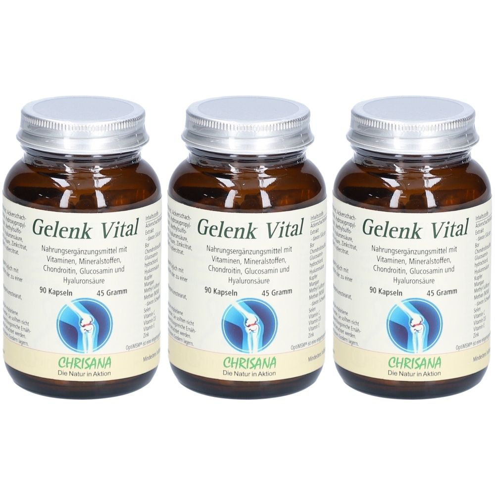 Drei braune Glasflaschen mit silbernen Deckeln. Aufschrift: Gelenk Vital, 90 Kapseln, 45 Gramm. Marke: CHRISANA.
