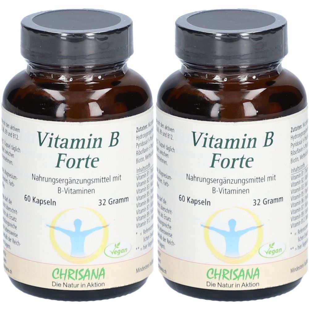 Deux flacons de gélules de vitamine B Forte. Flacons en verre brun avec couvercles noirs. Inscription : Vitamin B Forte, 60 gélules, 32 grammes, vegan.