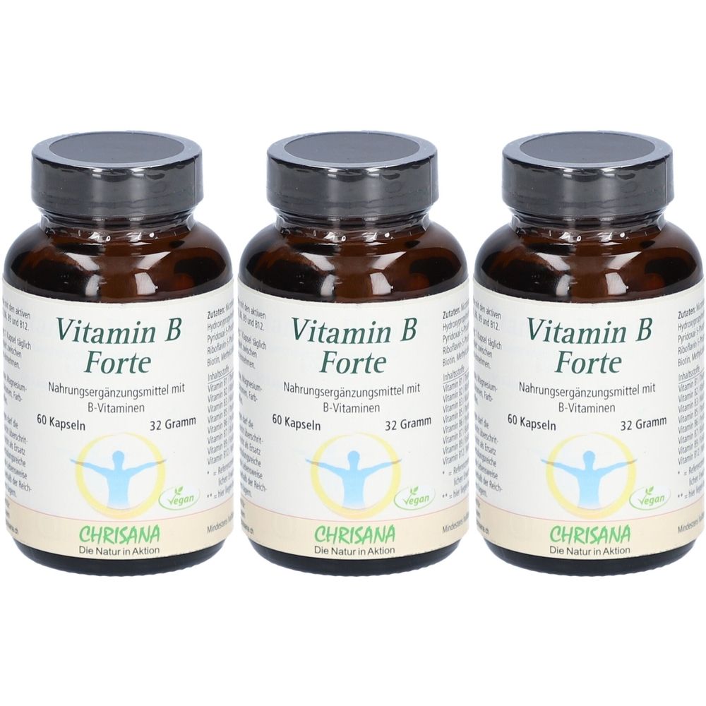 Trois flacons en verre brun avec des couvercles noirs. Les étiquettes indiquent "Vitamin B Forte" et "CHRISANA". Chaque flacon contient 60 gélules.