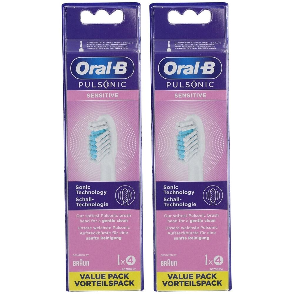 Zwei Oral-B Pulsonic Sensitive Zahnbürsten-Ersatzpackungen. Verpackung mit Produktabbildung und Text.