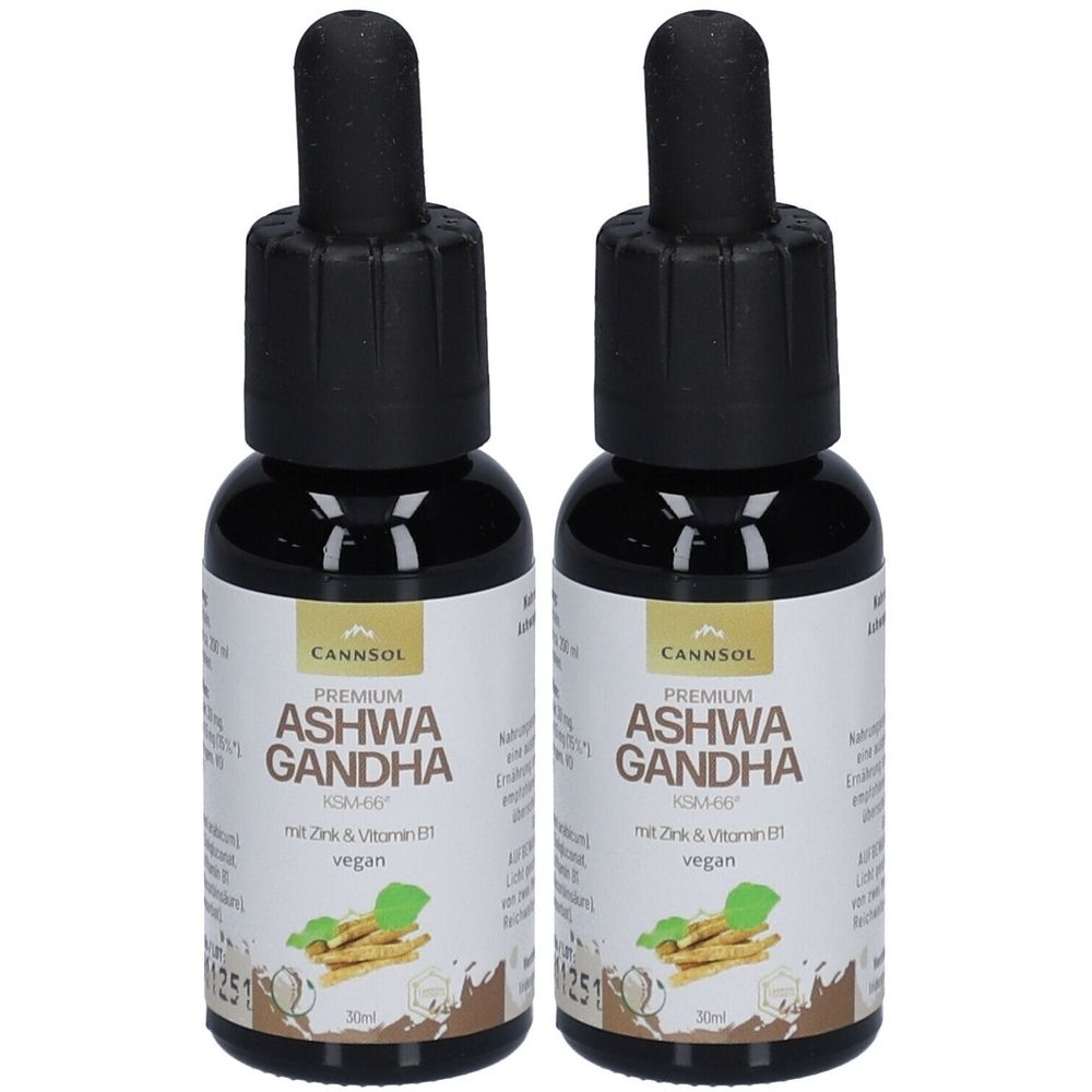 Zwei Flaschen mit schwarzem Deckel. Auf dem Etikett steht "ASHWA GANDHA" und "vegan".