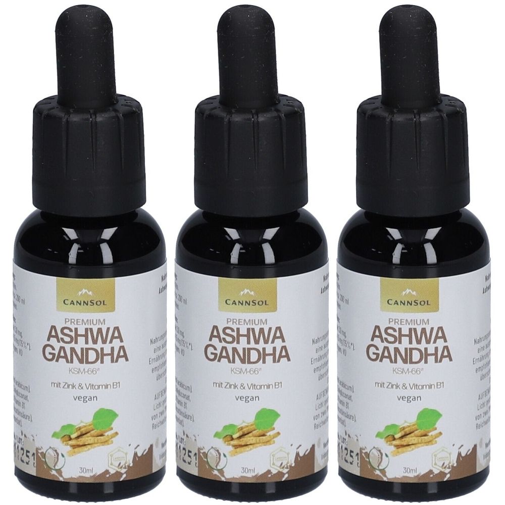 Drei Flaschen mit schwarzem Deckel und Etikett. Aufschrift: CannSol Premium Ashwagandha mit Zink & Vitamin B1. Vegan.