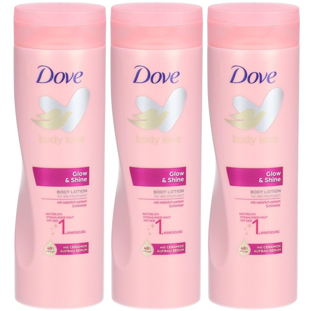 Trois flacons roses de Dove Body Love Glow & Shine Body Lotion. Chaque flacon a un bouchon rose et un logo blanc.