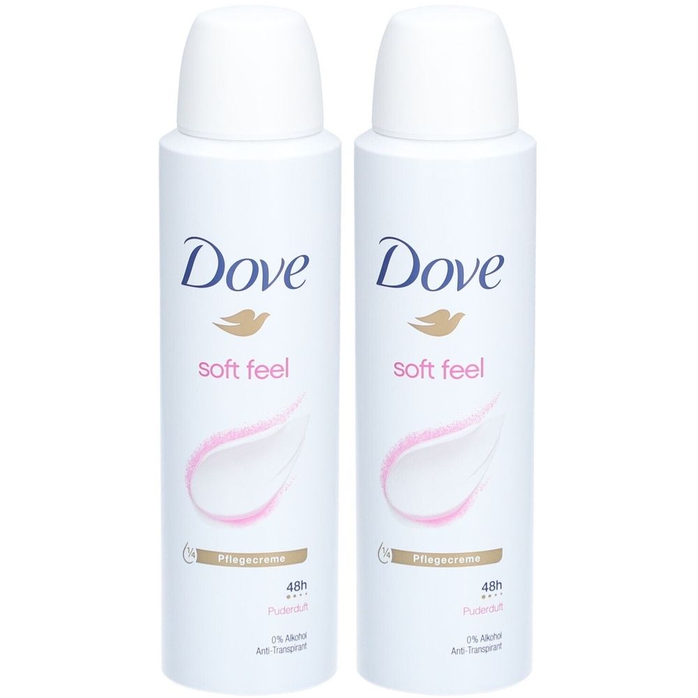 Zwei weiße Dove Deosprays mit weißem Deckel. Aufschrift Dove, soft feel, Pflegecreme, 48h, 0% Alkohol, Anti-Transpirant.