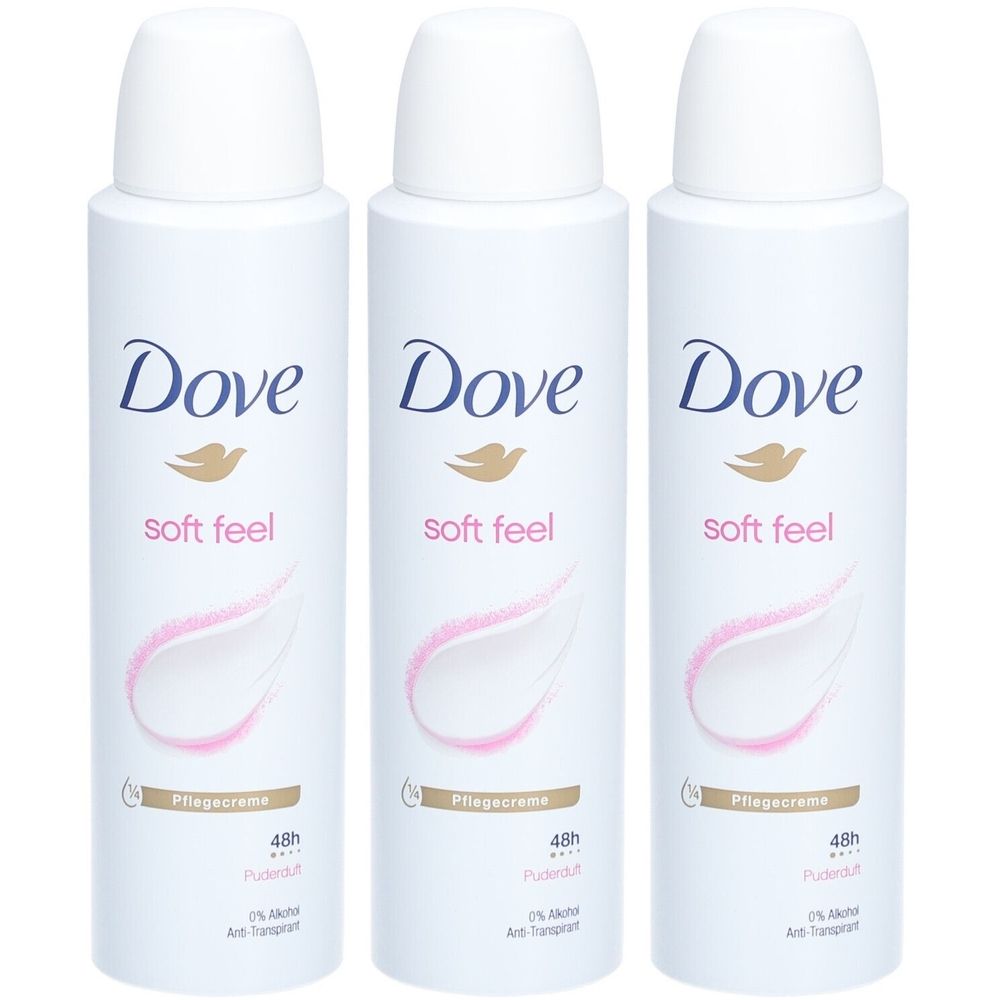Drei weiße Deodorant-Sprays mit Dove-Logo und „soft feel“-Schriftzug. Aufschrift: Pflegecreme, 48h, 0% Alkohol.