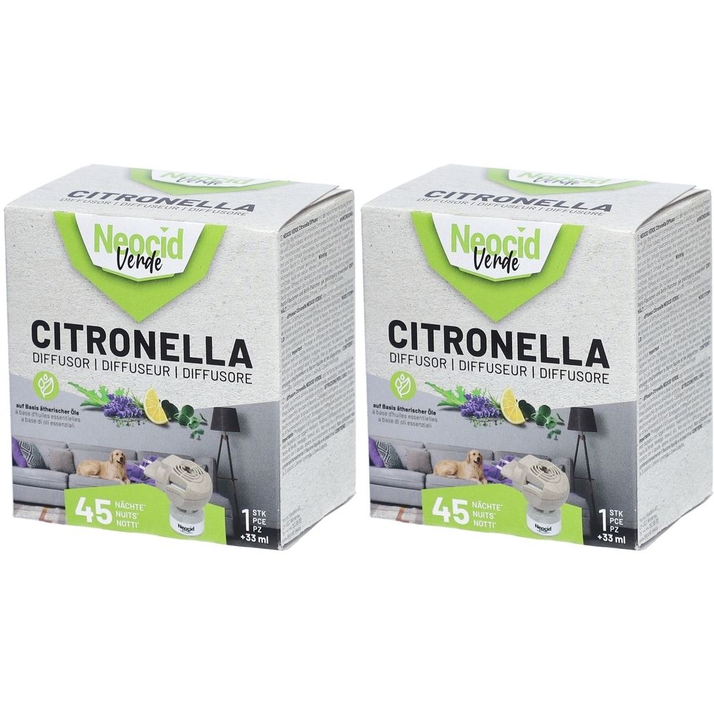 Zwei quadratische Kartons. Aufschrift: Neocid Verde Citronella Diffusor. Illustrationen von Lavendel, Zitrone und einem Diffusor.
