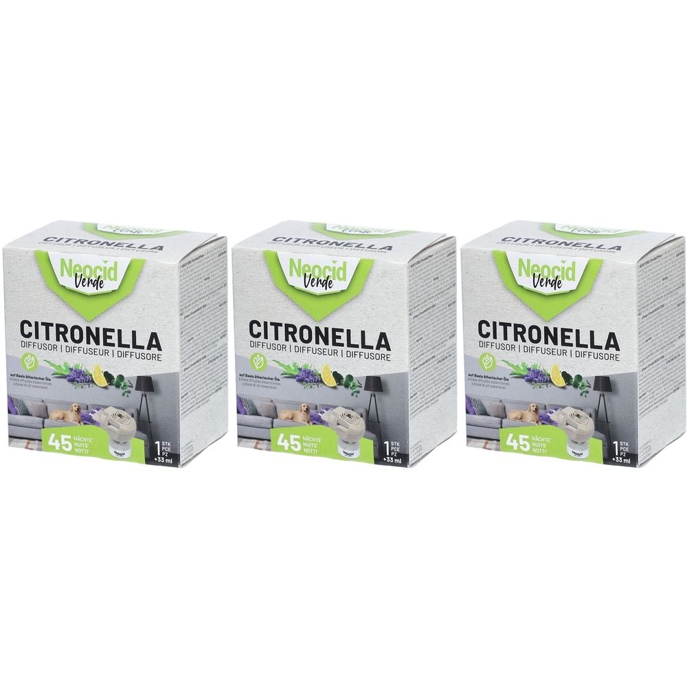 Trois boîtes de CITRONELLA. Le logo "Neocid Verde" est visible. Les boîtes sont blanches et vertes, avec des illustrations.