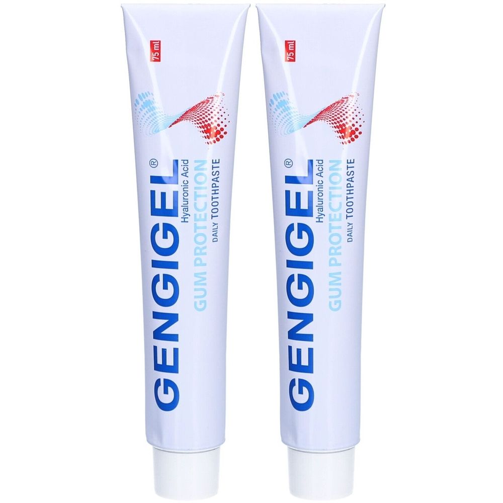 Zwei Tuben Zahnpasta. Aufschrift: GENGIGEL, Hyaluronsäure, GUM PROTECTION, DAILY TOOTHPASTE. Oben: 75 ml.